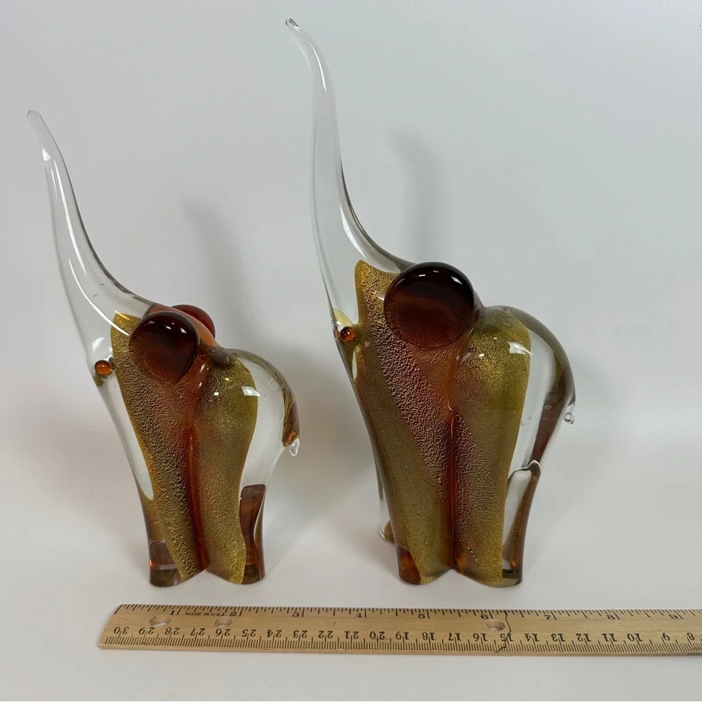 SIGNED Pair‎ of Vittorino Zane Murano Glass Elephants Gold Flecks Mama & Baby
